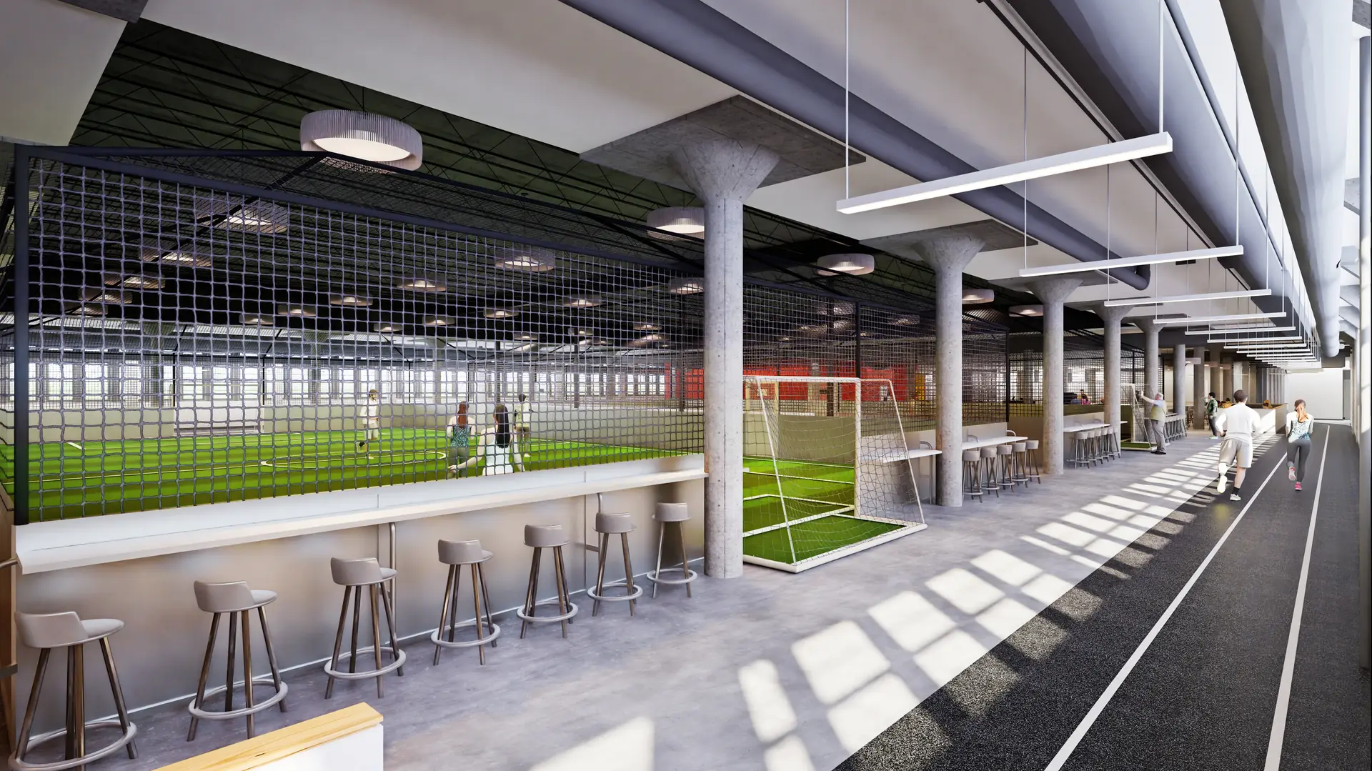 The Commons — fitness center and gathering space at Historic Northeast Lofts, second floor of Building 9, interior rendering