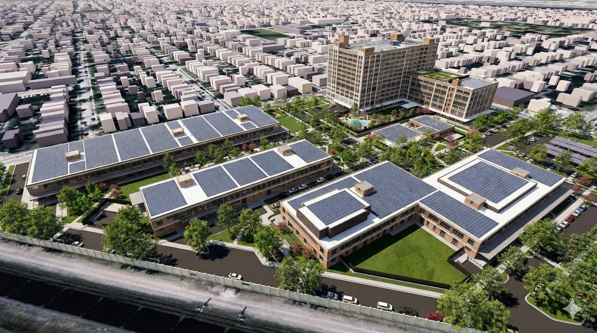 Exterior rendering of Historic Northeast Lofts with rooftop solar panels