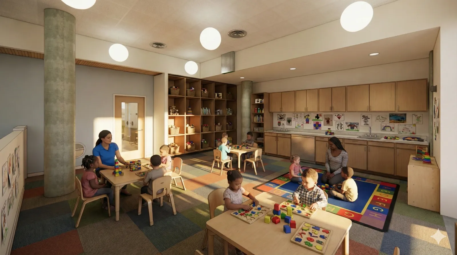 Interior rendering of The Academy — natural light, child-scale furniture, bright play space
