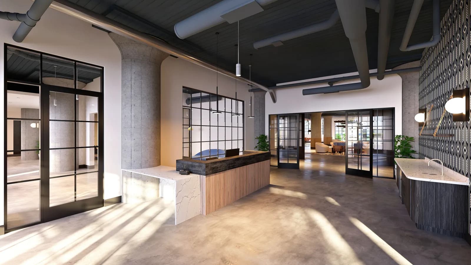 Interior rendering of Historic Northeast Lofts lobby with modern finishes and historic character