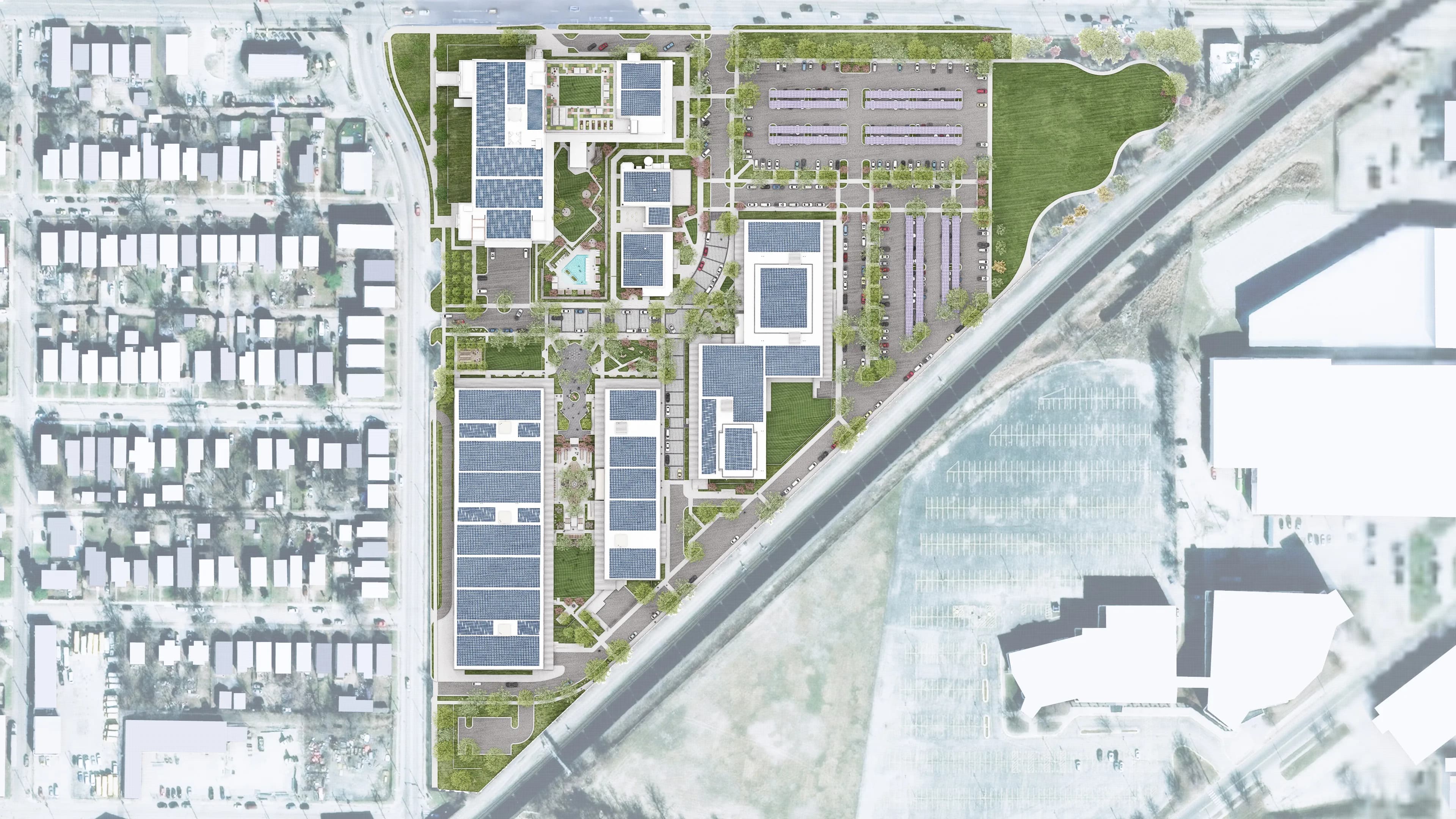 Historic Northeast Lofts campus site plan — 22-acre development with residential buildings, community facilities, and green spaces